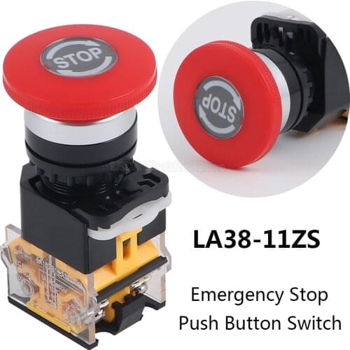1Pcs LA38-11ZS Red Emergency Stop 22mm Self-Locking head power switch Mushroom Push Button Switch 1 NO 1 NC