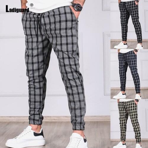 Ladiguard Mens Plaid Pants Male Fashion Skinny Pants Streetwear Mens Elegant Leisure Casual Straight Bottom Sexy Mens Trousers