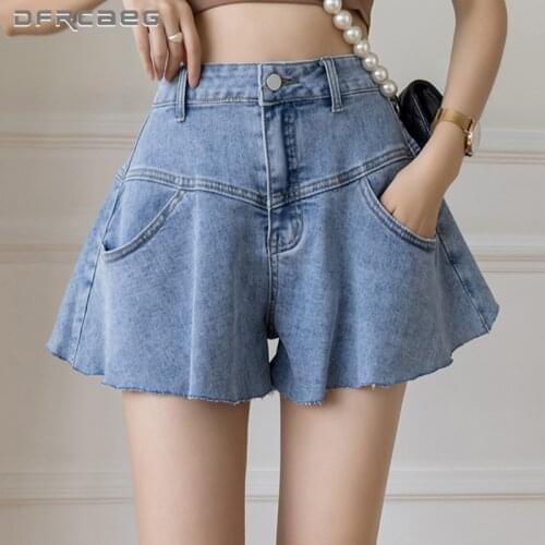 Loose Retro Ruffles Denim Shorts Summer 2021 High Waist Streetwear Vintage Women Short Jeans Feminino Blue