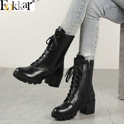 Eokkar 2019 Women Ankle Boots Zipper Lace Up Square Heel Winter Boots Women Shoes Pu Leather Platform Ladies Boots Size 34-43