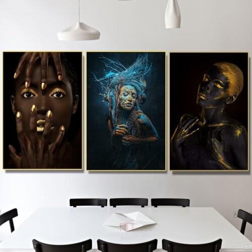 Canvas Painting for Living Room HD Figure Posters African Art Black and Gold Woman Picture Hoom Decor Europe Modern art painting