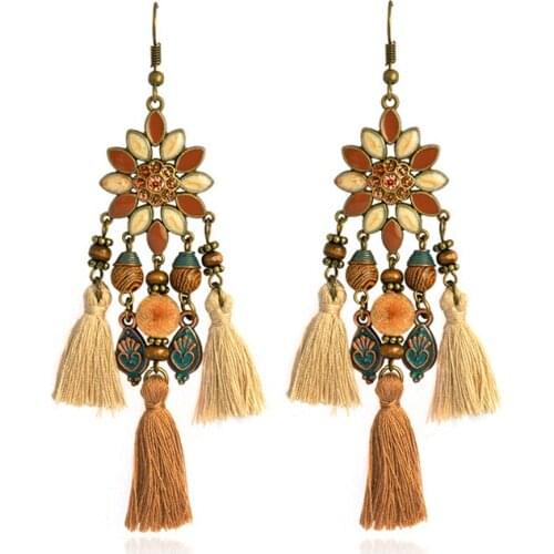 Coffee Coloured Lucky Flowers Ropes Spikes Tassels Palaces Enamel Earrings Bohemian Seaside Resorts Handmade Thai Jewelry