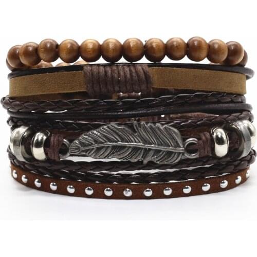 Fashion 4 Pcs/set Vintage Maple Leaf Wing Guitar Feather Cross Charm Leather Men Bracelets Women Homme Femme Male Jewelry