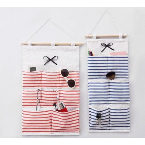 Stripe Pattern Cotton Linen Wall Hanging Storage Bag for Hanger Bathroom Baby Folding Bedroom Closet Cosmetics Sundrie Organizer