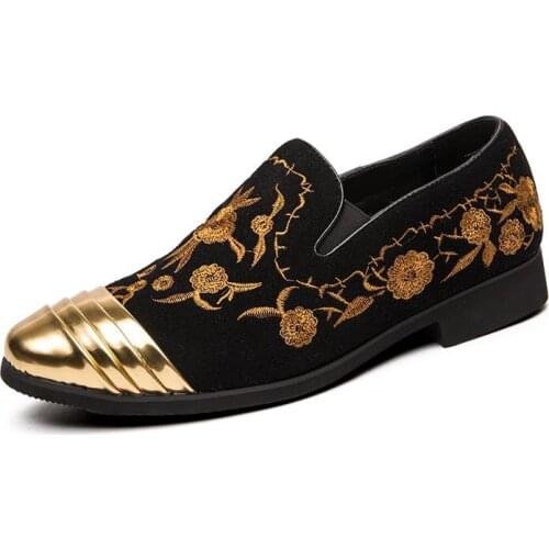 New Fashion Gold Top and Metal Toe Men Velvet Dress shoes italian mens dress shoes Handmade Loafers Party Flats Zapatos Hombre