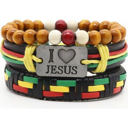 New Fashion Handmade Weave Vintage Punk Cuff Bead Anchor I Love GESUS Charm Leather Men Bracelets For Women Female Jewelry