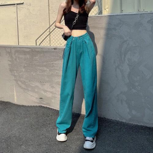 New Green Womens Jeans Women Streetwear Vintage High Waist Wide Leg Hot Jeans Pink Straight Pants