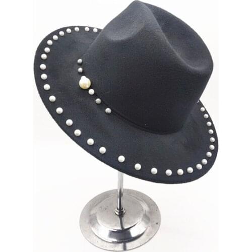 New winter autumn women casual wool bowler hats Panama caps for cowboy Large brim beaded rhinestone Jazz hats gorros