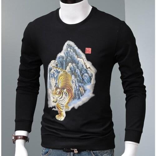 Tiger Graphic Sweatshirt Men Clothing Autumn Cotton Printed Crewneck Pullover Streetwear Black Oversized Tracksuit