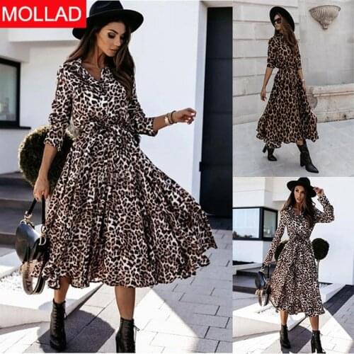 Popular Style European and American Womens Clothing Autumn and Winter Long Sleeve Leopard Print Dress