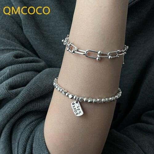 QMCOCO Minimalist 925 Silver Thicken Chain Bracelets For Women Girl Geometry New Fashion Vintage Punk Hip-Hop Party Jewelry Gift