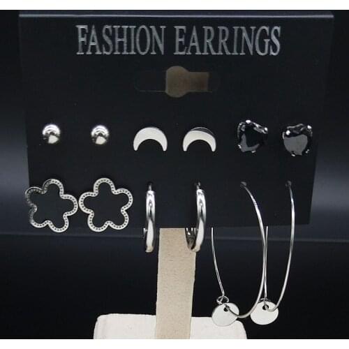 Flower Moon Stainless Steel Earrings Set Women Silver Color Earrings Stud Jewelry acero inoxidable joyeria mujer E612838S05