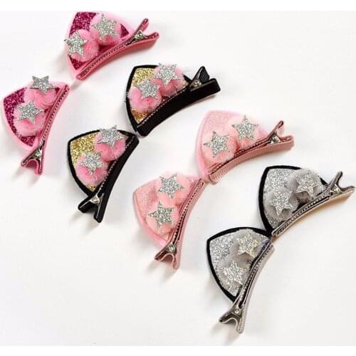 2pcs/Set Cute Hair Clips For Girls Glitter Rainbow Furry Ball Flowers Hairpins Cat Ears Bunny Barrettes Kids Hair Accessories