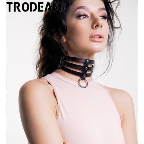 TRODEAM New PU Leather Collar 3 Layers Neck Strap Adjustable Belt Bondage Choker Harness Suspender Restraint Bdsm Necklace Women