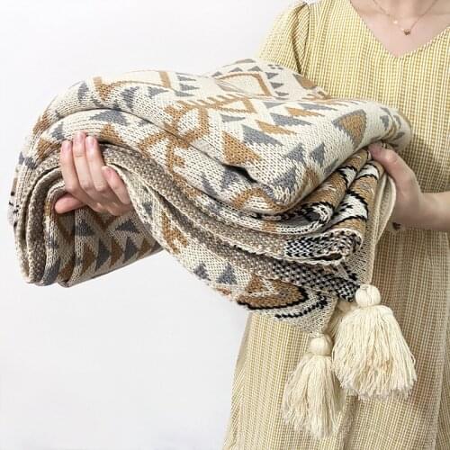 Nordic Knitted Blanket Travel Blanket Grey Khaki Sofa Throw Blanket with Tassels Air Condition Blankets