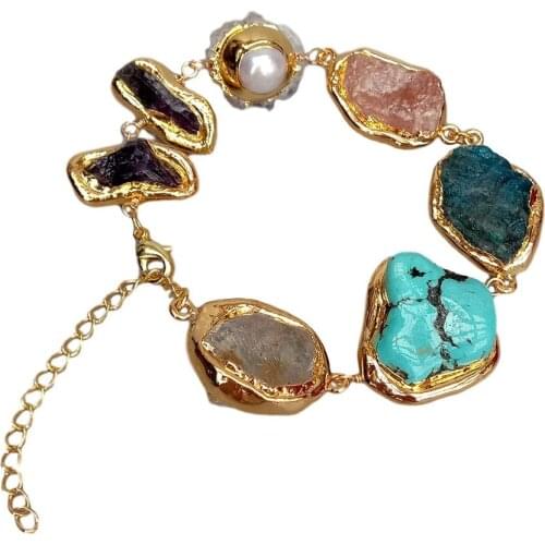 Y·YING Natural Amethysts citrines apaite quartz Rough Raw with gold color plated Edge wrap Bracelet