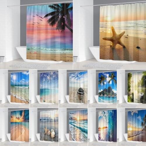 Beach Shower Curtains Seaside Starfish Sea Scenery Bathroom Decoration Polyester Fabric Bath Curtain with 12 Hooks Large Size