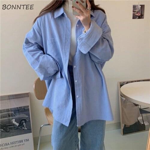 Shirts Women Single-breasted Straight Ins Leisure All-match Ladies Harajuku Vintage Students Korean Pockets Formal Long-sleeve