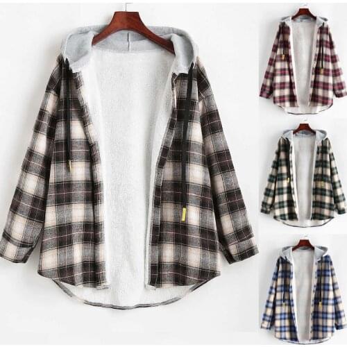 40# Womens Casual Jacket Long Sleeve Plaid Buttoned Curved Hem Hooded Warm Coat Jackets Tops Пуховики Женские Зимние Пиджак