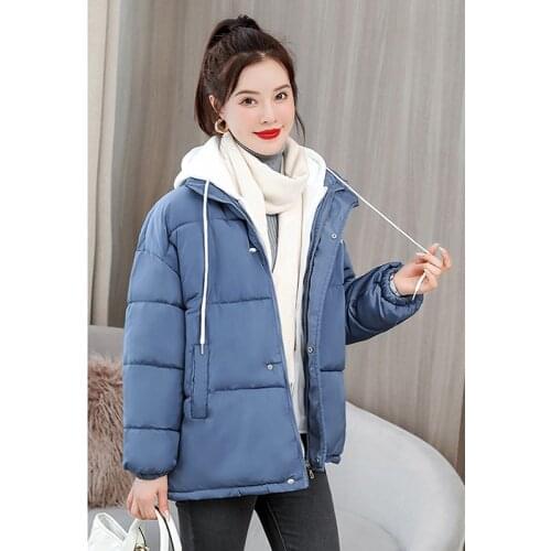 Womens Coats Jackets Winter Cotton Warm Hooded Parkas Korean Casual Fashion Clothes Fake Two Outwear Female Pink Blue Streetwear