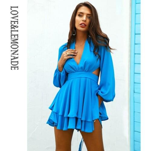 LOVE&LEMONADE Sexy Sky Blue Waist Cut Out Deep V-Neck Lantern Long Sleeves Lotus Leaf Playsuit AA02455