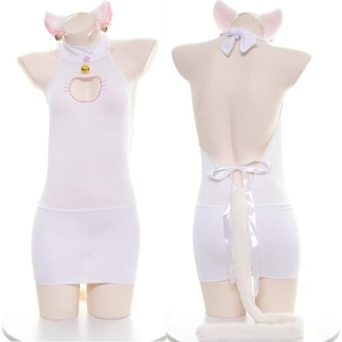Lolita Anime Chiffon Ruffles Crop Top Skirt Apron Sexy Maid Costume Uniform Womens Cat Ears Cosplay Lingerie Set Bunny Dress