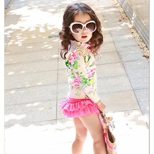 Lotus leaf collar girls swimsuit children floral Swimwear Summer Beach Bathing Suit Children long sleeves Kids Girl Swimsuit 004