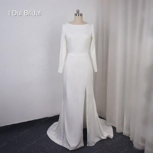 Spandex Crepe Wedding Dress Long Sleeve Pure Elegant Bridal Gown with Slit Hilary Duff Wedding Dress Material