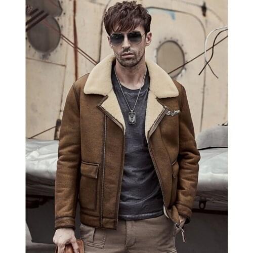 Shearling sheepskin aviator jacket Bomber Coat Mens B-6 Fur Coat jacket leather real Wool fur thick Man coat winter