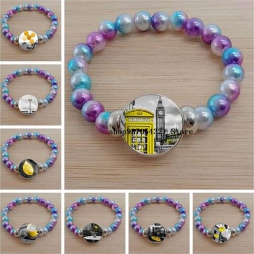 Black and White Paris London Landscape Painting Bracelet Round Glass Cabochon Dome Color Bead Bracelet Jewelry