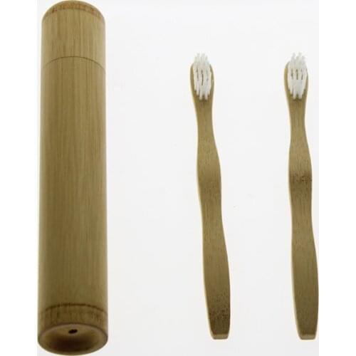 Kid Bamboo Toothbrush Set With Travel Toothbrush Case, Pack of 2 Natural Bamboo Toothbrushes And Biodegradable Brush Tube Holder