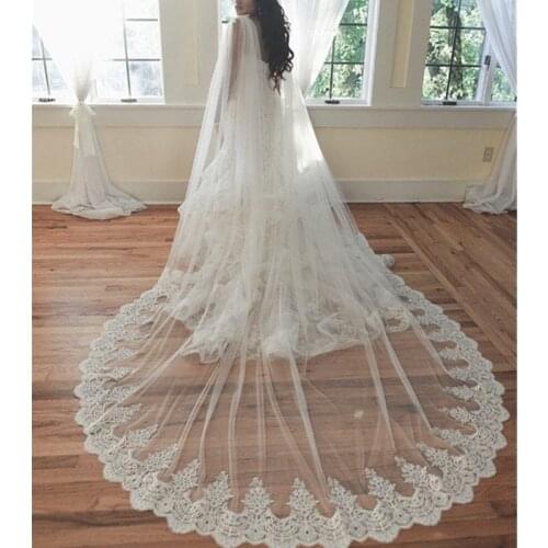 Long Ivory Bridal Cape Veils White Cathedral Tulle Sequins Lace Wedding Cloak Shoulder Veil for Brides Wedding Accessories Capea