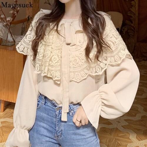 Elegant Long Sleeve Lace Chiffon Blouse 2021 Tie Peter Pan Collar Solid Ruffle Vintage Shirt Crochet Hollow Tops Blusas 17257