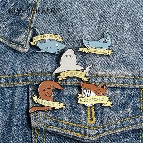 QIHE JEWELRY Ocean Animal Enamel pins Shark Fun Banner Lapel pins Brooches Badges Denim Clothes Bags pins Gift for Friends