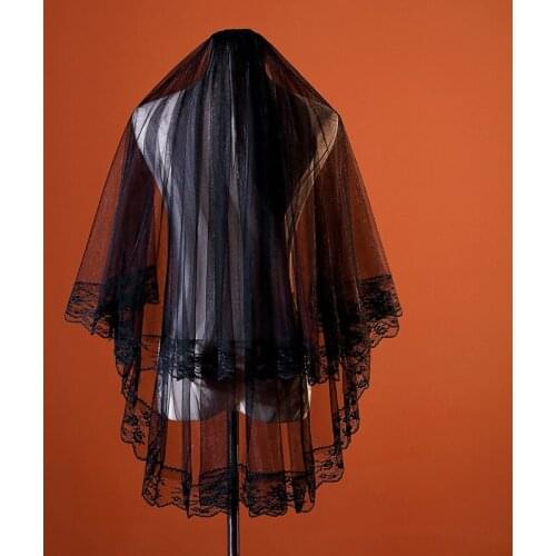 Gothic Black Bridal Veils With Comb Fingertip Length Lace Edge Two Layers Short Vintage Wedding Veil Accessories For Women