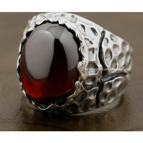 925 Sterling Silver Huge Red CZ Stone Mens Biker Rocker Punk Ring 8Y003