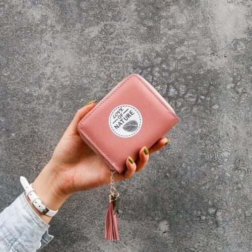New Womens Wallet Tassel Zipper Coin Purse Female Short Letter Leaves Pouch Card Holder Ladies Solid Color Mini Clutch Bag