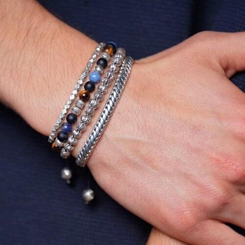 POHIER Natural Brown Tiger Eye Black Matte Onyx Blue Dumortierite Tibetan Silver Beads Bracelets For Men Women Jewelry