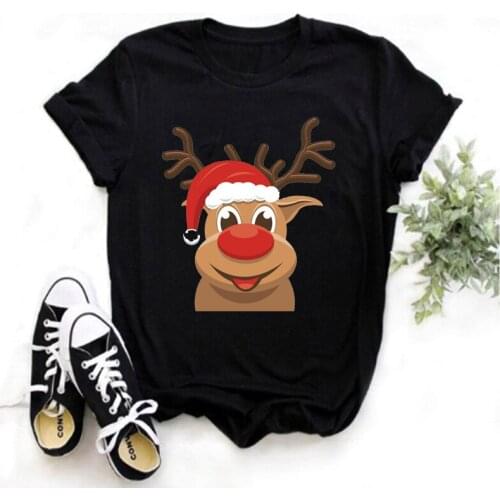 New Fashion Womens Black T-shirt Cute Reindeer T-shirt Womens Harajuku Fashion Top Christmas T-shirt Clothes Top