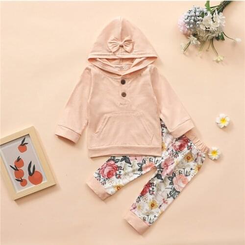 2021 Baby Girls Autumn Spring Clothes Sets Newborn Girls Casual Long Sleeve Button Front Hoodie Floral Pants Set