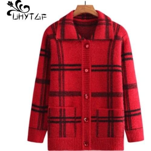 UHYTGF autumn sweater women fashion plaid Female cardigan knitted sweater jacket elegant mom loose warm plus size tops coat 1228