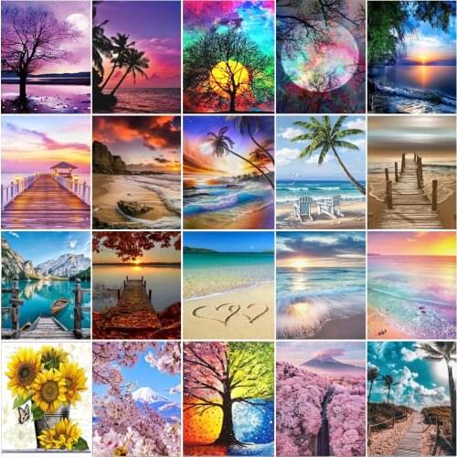 Full Circle Diamond Painting Moon Tree 5D Handmade Diamond Embroidery Unicorn Mosaic Seaside Landscape Art Kit Home Decoration
