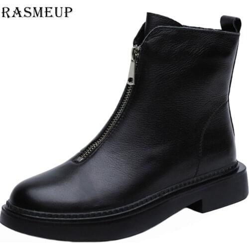 RASMEUP Genuine Leather Womens Winter Ankle Boots 2020 Fashion Front Zipper Women Platform Shoes Warm Ladies Footwear