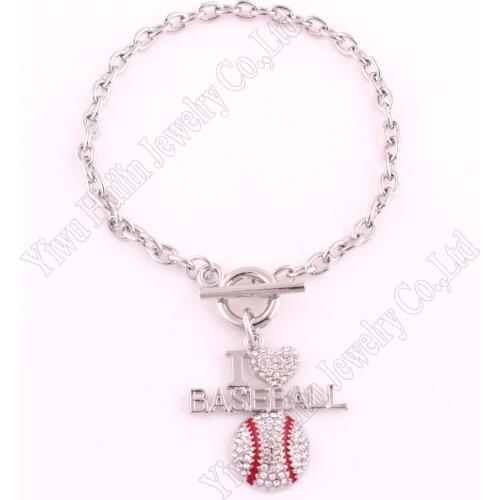 Sports Jewelry Drop Shipping 1.26"*1.3" inches Crystal I LOVE BASEBALL 2D Pendant Toggle Charm Bracelet Fans Favorite Jewelry