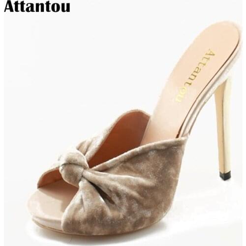 Attantou Ladies super high heel shoes Bowtie slippers heels velvet leather open toe slides summer comfortable larger size Shoes