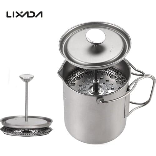Lixada 750ml Titanium Coffee Cup Mug French Press Pot Coffee Maker with Lid Outdoor Camping Cooking Pot Coffee Maker Camping Mug