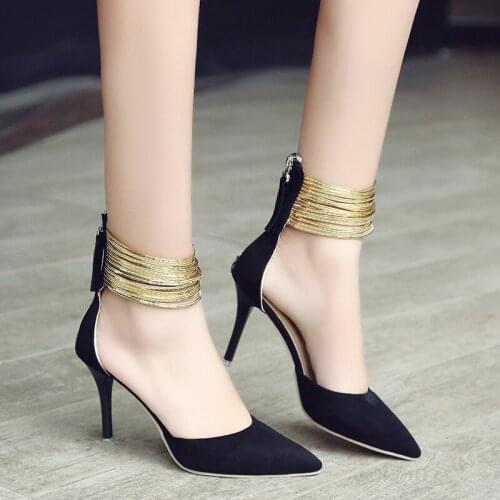 Spring Autumn Women shoes classic Pointed Suedes Flock Pumps Curve High Party Fashion Metal Strap Shoes Ladies Heels