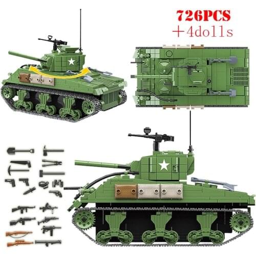 Military US Sherman M4A1 Tank Building Blocks DIY WW2 Army Figures Weapons City Technical Bricks Children Toys Christmas Gifts