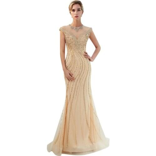 High Quality Beading Diamonds O-Neck Cap Sleeve Mermaid Trumpet Dresses Floor Length Party Dress Robe de soiree Vestido de noche