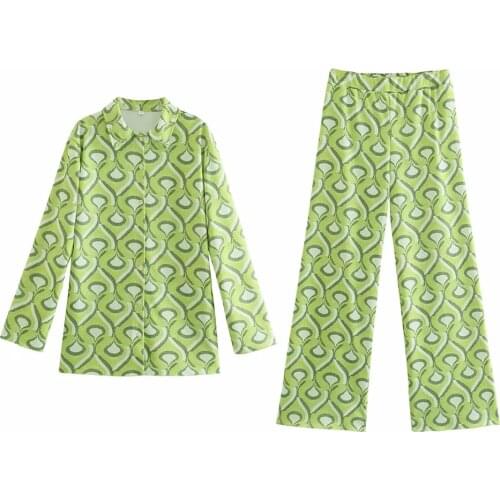 XIKOM 2021 Summer Women Y2K Vintage Two-Piece Set Beach Style Print Loose Lapel Shirt Female Elastic High Waist Casual Pants Set